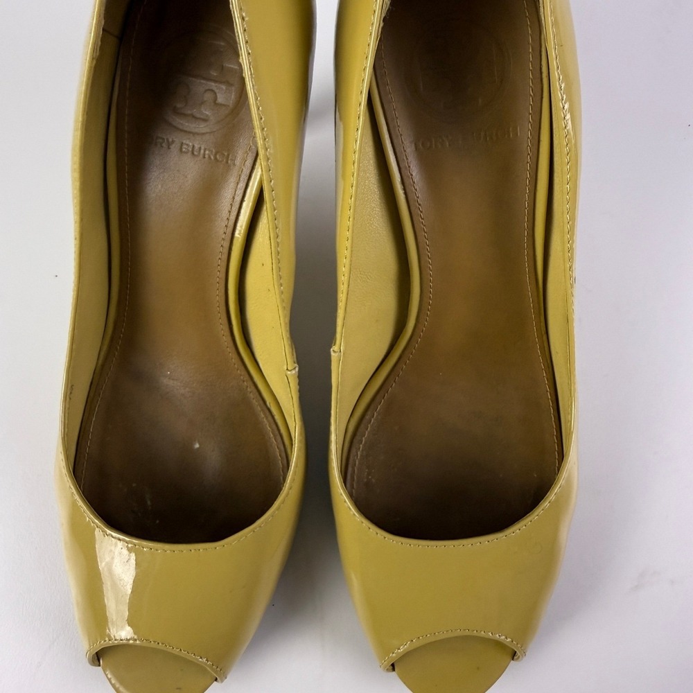Tory Burch Womens Pumps Heels Yellow Peep‎ Toe Patent Leather Stiletto Shoes 7M - Picture 12 of 14